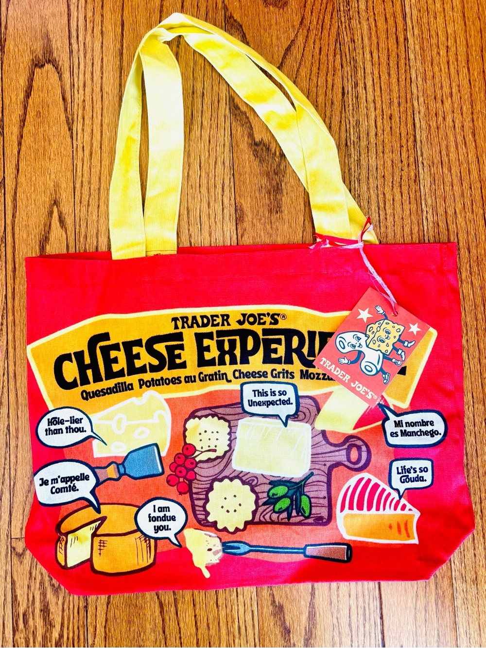 Trader Joe's Cheese Experience Reusable Tote Bag - Red with Yellow Handles NWT